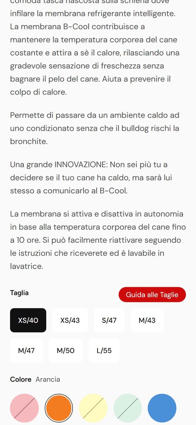 Il configuratore taglie della scheda B-Cool: selettore taglie, pulsante Guida alle Taglie e chip colore