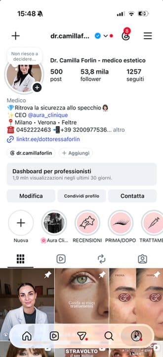 Il profilo Instagram della dottoressa Camilla Forlin, 53,8 mila follower